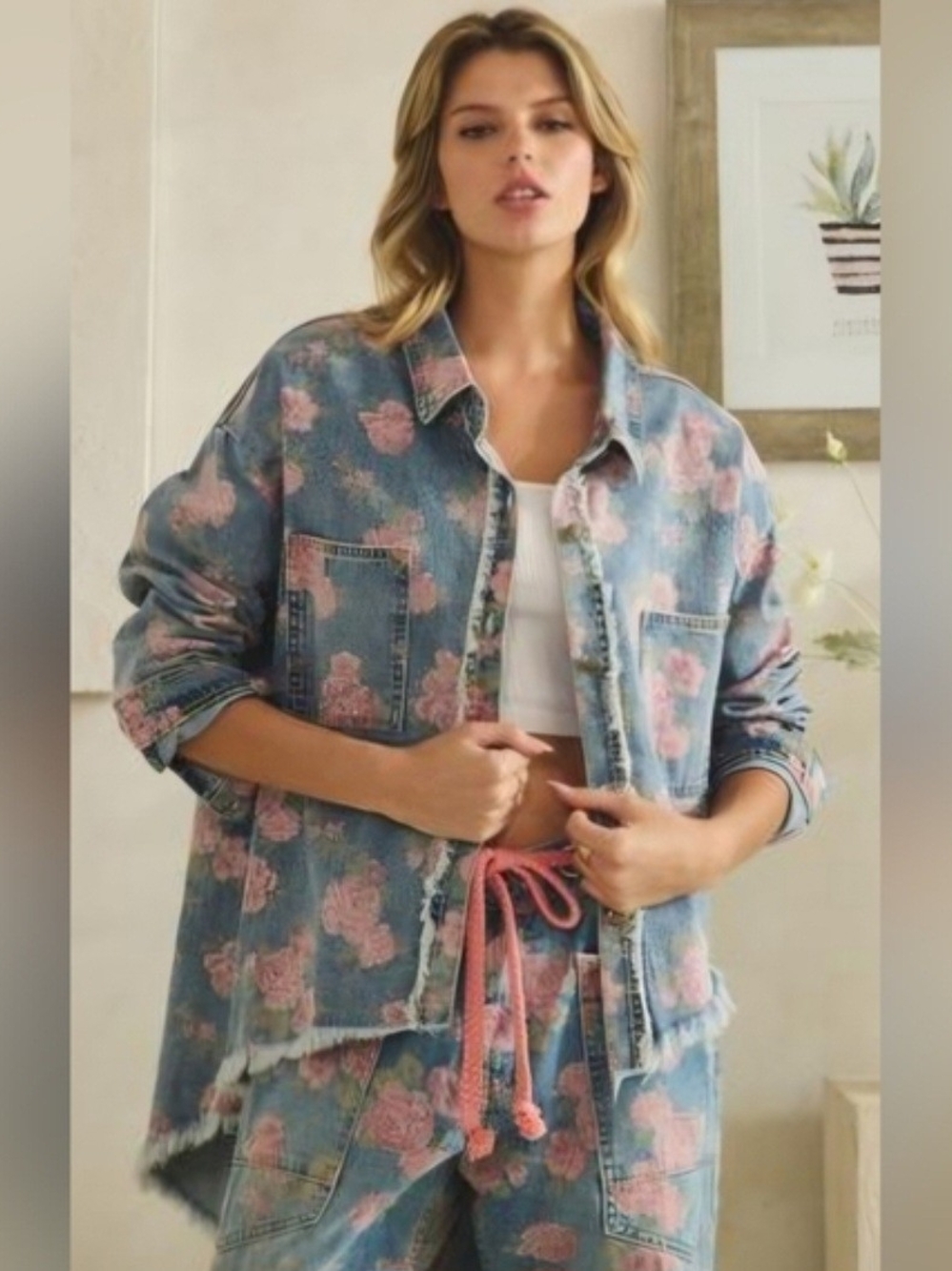 212p **Set** Oli & Hali Denim Jacket & Jeans Floral Print 2 Diff Color Belts